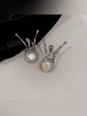 Korean Vintage Geometric Pearl Stud Silver Drop Earrings